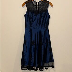 Elegant Blue Taffeta with Black Net Overlay Sleeveless Dress
